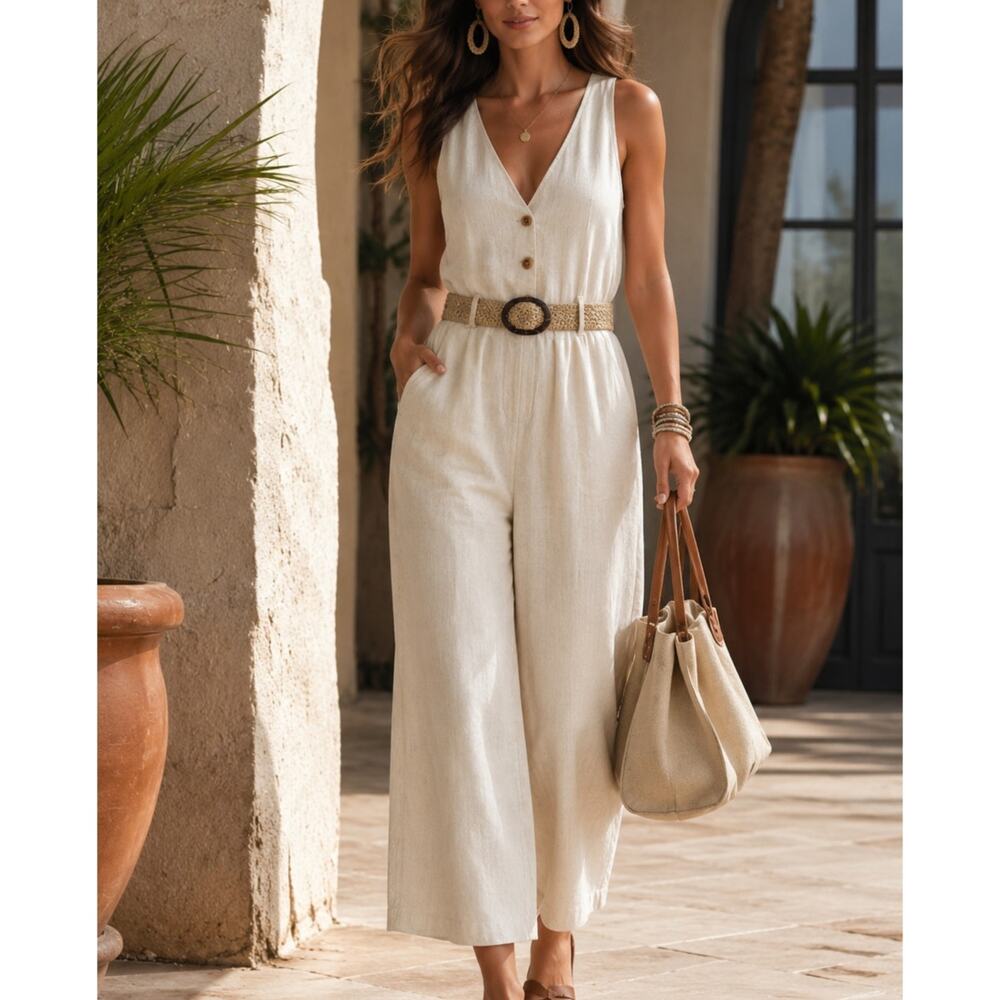 LASCANA Linen Blend Cropped Wide Leg Jumpsuit Belted Ivory Sleeveless Size 2